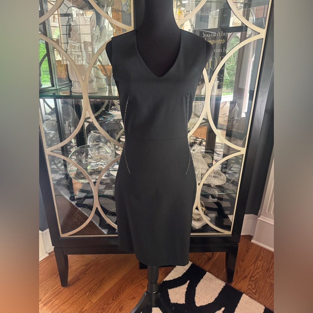 Sophisticated Black With White Stitching Sleeveless Midi Dress V-Neck